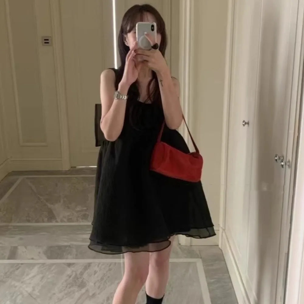 Mesh Back Bow 2025 Vestidos Korean Fashion Tank Dress Summer Sweet Sexy Strap Dresses Woman Loose Robe Mini Ropa De Mujer